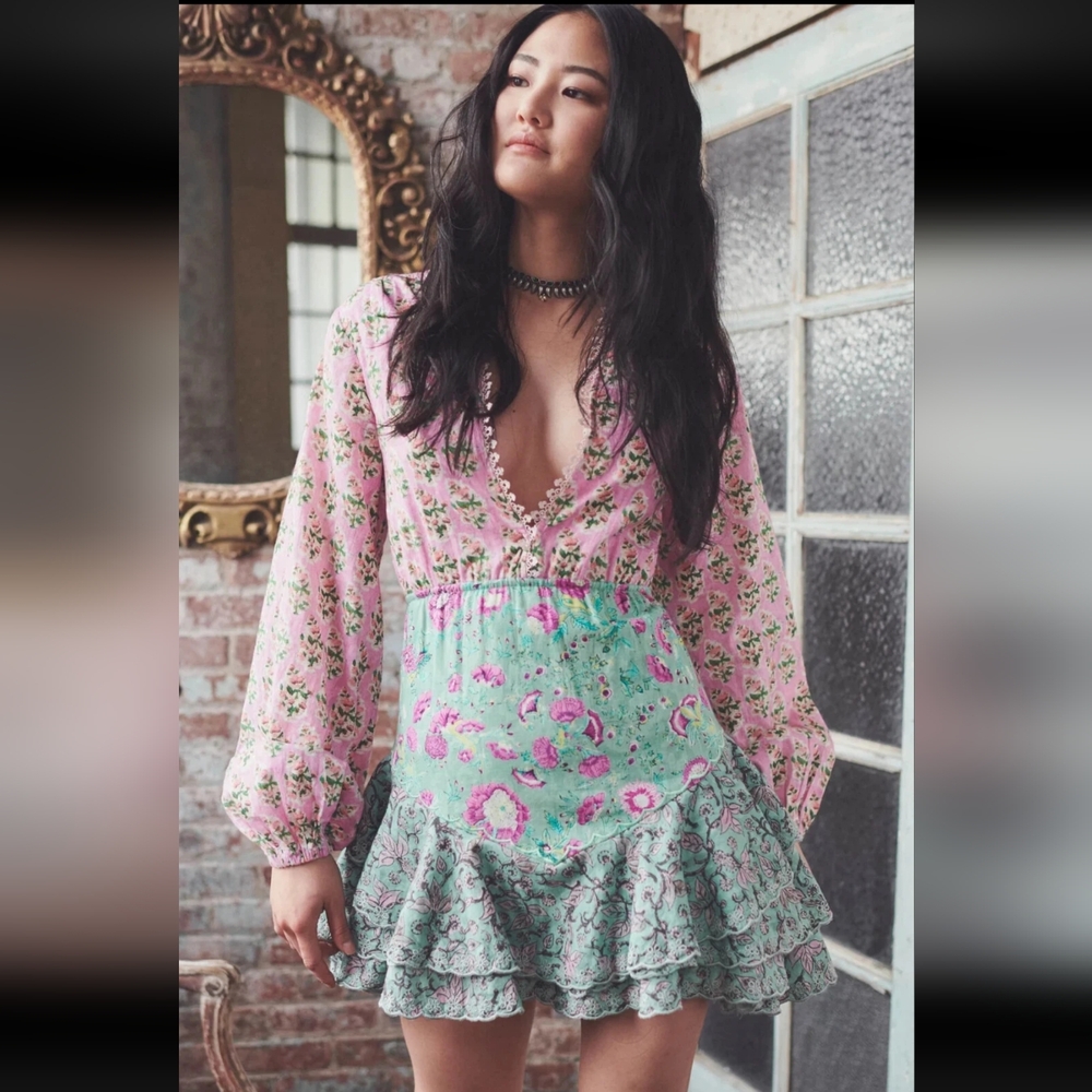 Hemant And Nandita Hera Mini Dress Cotton Floral Printed Embroidered L
